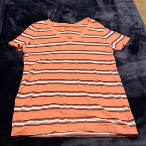 Short sleeve peach, burgundy, and white striped